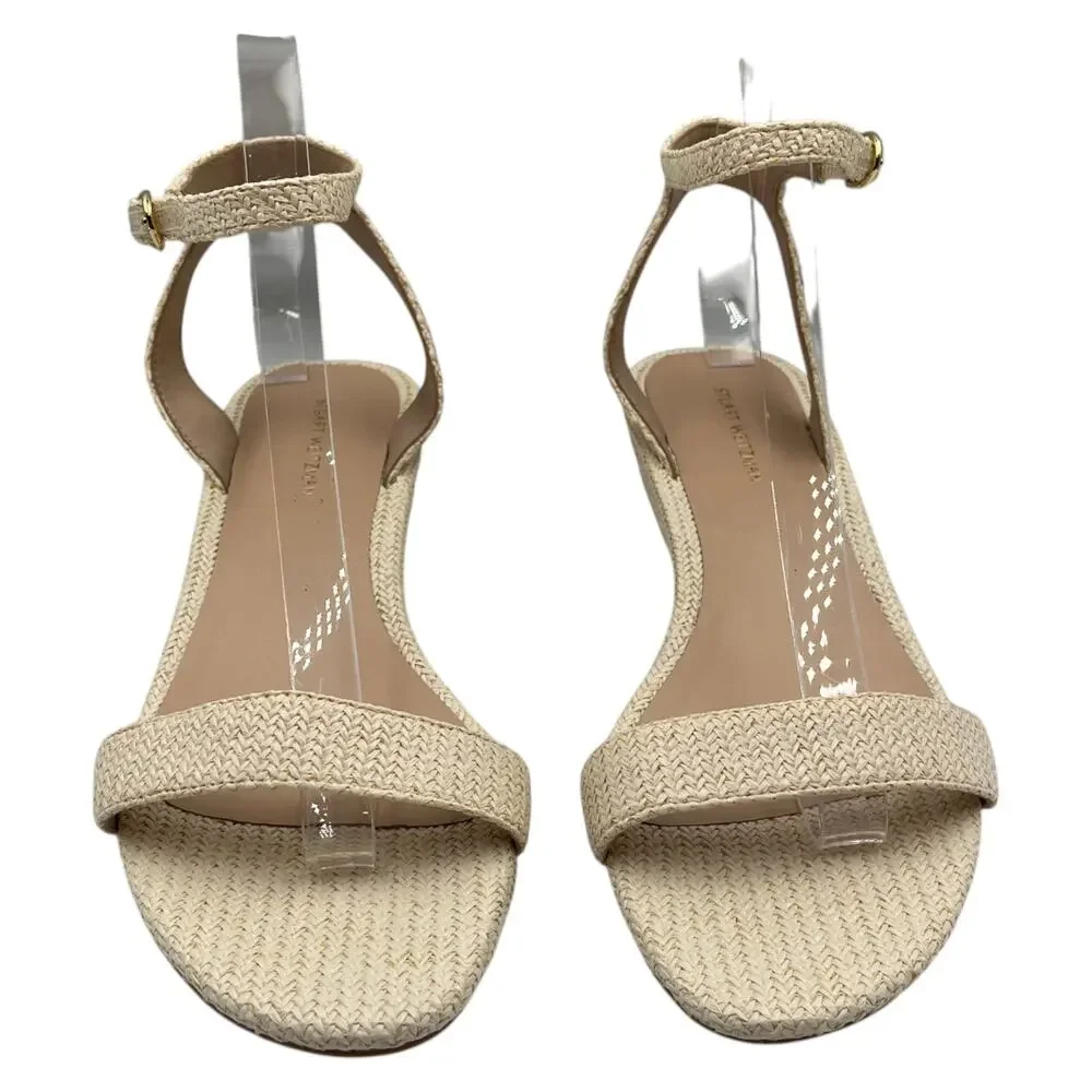 Stuart Weitzman Woven Raffia Ankle Strap Low Wedge Sandals Beige Size 8 - Picture 2 of 7